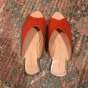 Zara V-Cut leather slides in brick (orange)